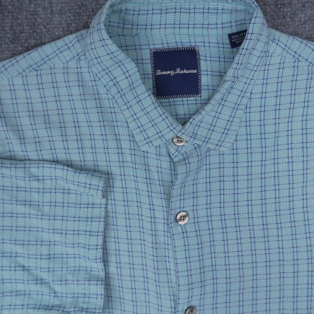 Tommy Bahama Shirt Mens XXL Aqua Blue 100% Silk Short Sleeve Textured Grid Plaid